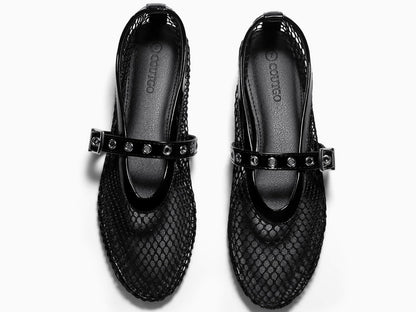 Coutgo womens mesh ballet flats - Comfortable Mary Jane style shoes with buckle strap