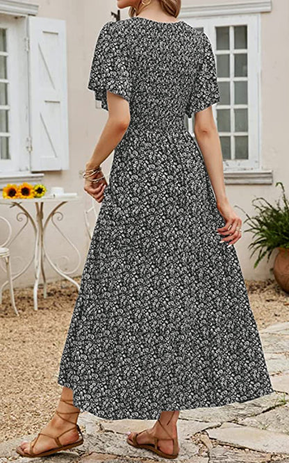PRETTYGARDEN dress — Boho floral maxi with flutter sleeves and smocked tiered design