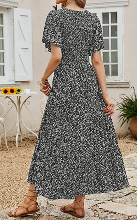 PRETTYGARDEN dress — Boho floral maxi with flutter sleeves and smocked tiered design