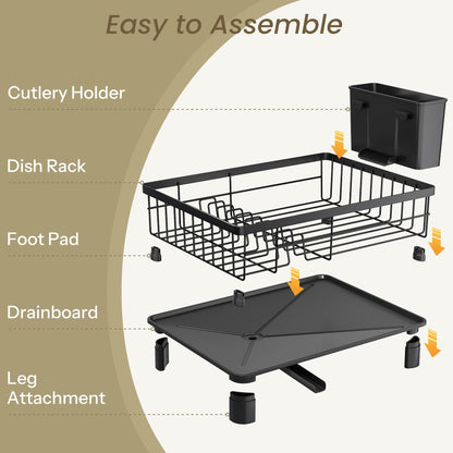 SNTD drying rack — small stainless steel dish drainer with utensil holder and drainboard