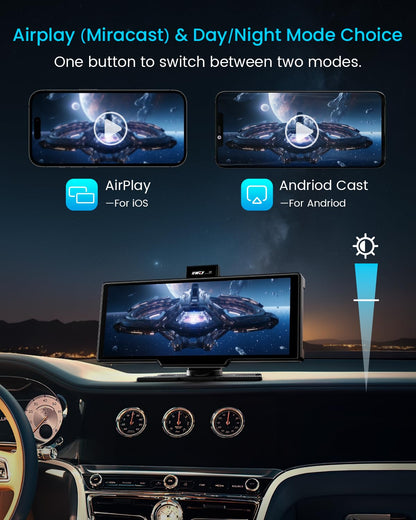 GPS or navigation system — Portable Apple Carplay screen with 10 inch display and 4K dash cam