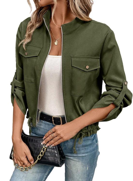 EVALESS women's zip up coat with flap pockets and drawstring hem