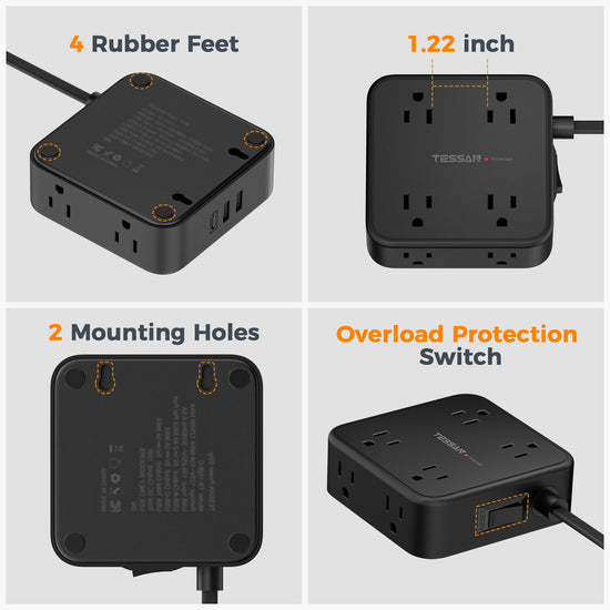 TESSAN power strip with flat plug and 8 outlets, 900J surge protection.