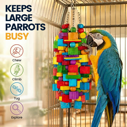 Zephyriel bird toy — natural wood blocks with stainless steel chain for large parrots