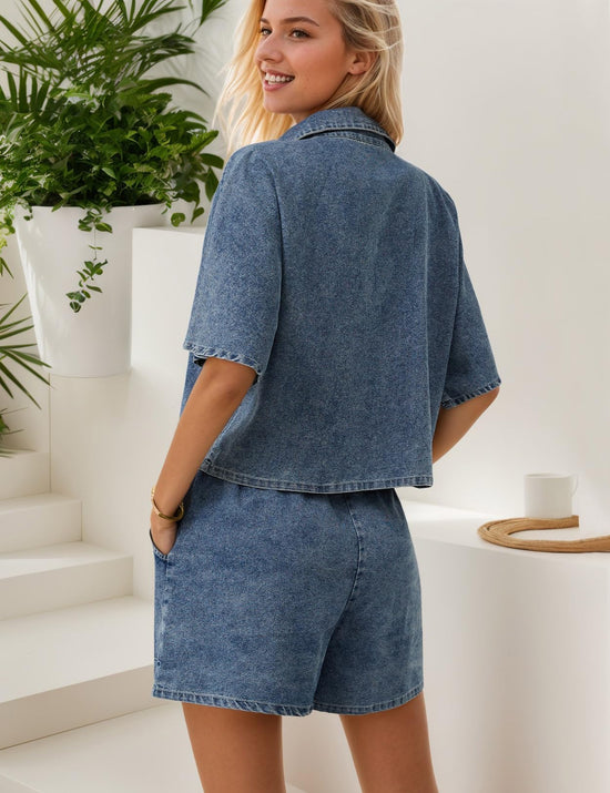 Zilcremo coordinated outfit — summer denim two piece set with crop shirt and shorts