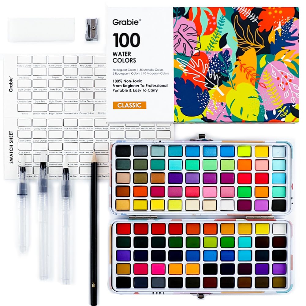 Grabie watercolor paint set - 100 colors including metallic and fluorescent hues with accessories