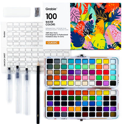 Grabie watercolor paint set - 100 colors including metallic and fluorescent hues with accessories