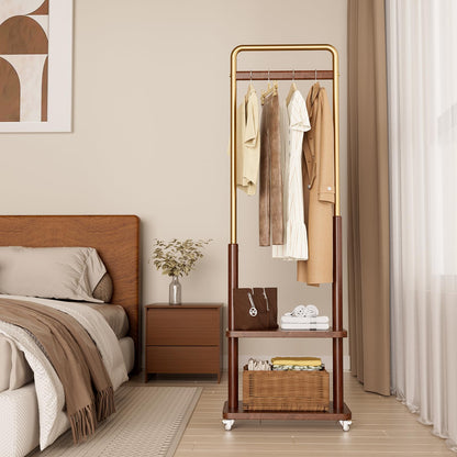Taitiy clothes rack - Solid wood with double shelf and wheels for freestanding storage.