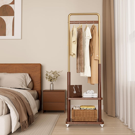 Taitiy clothes rack - Solid wood with double shelf and wheels for freestanding storage.