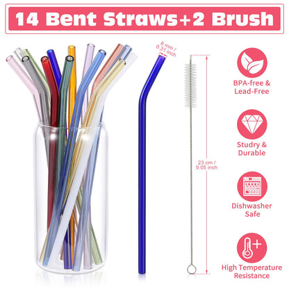 Drinking straw — 14 reusable colorful glass straws with cleaner brushes