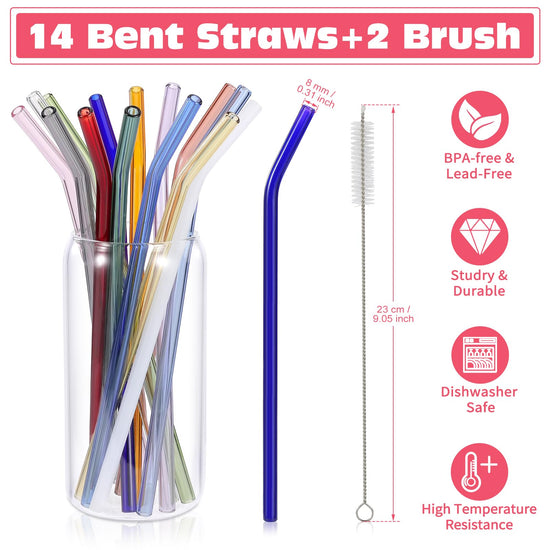 Drinking straw — 14 reusable colorful glass straws with cleaner brushes