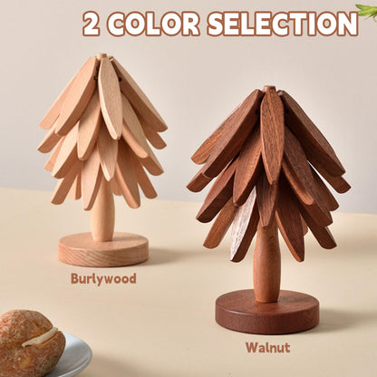 Natural black walnut wooden trivet set with stand for hot dishes and pots.