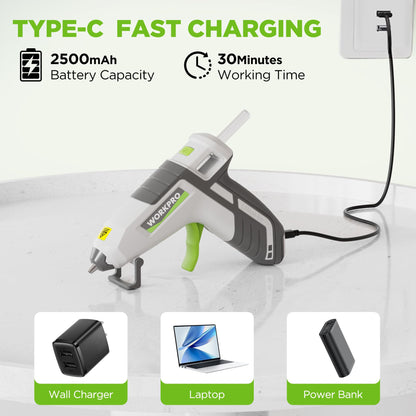 WORKPRO hot glue gun — USB-C rechargeable with smart power-off feature and 20 glue sticks