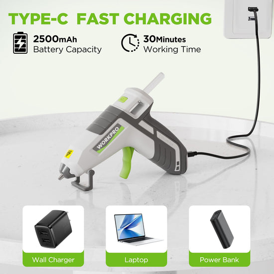 WORKPRO hot glue gun — USB-C rechargeable with smart power-off feature and 20 glue sticks