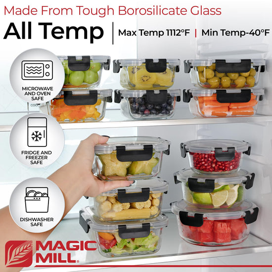 Magic Mill Glass Storage Containers with Lids Set | Ultimate 24pc Set with BPA-Free Airtight Locking Lids for Lunch