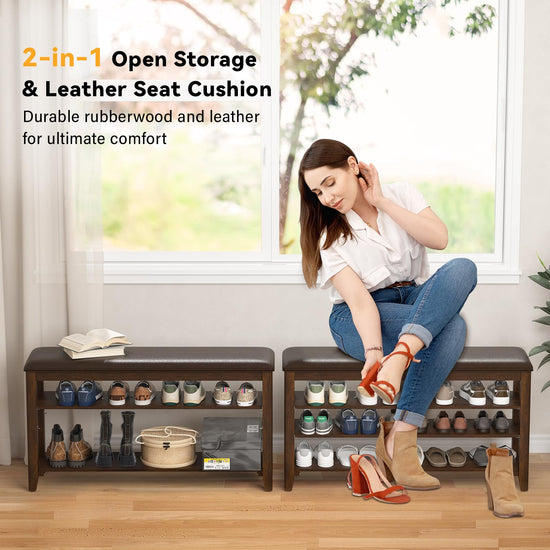 Bench with leather cushion and adjustable shelves for entryway storage