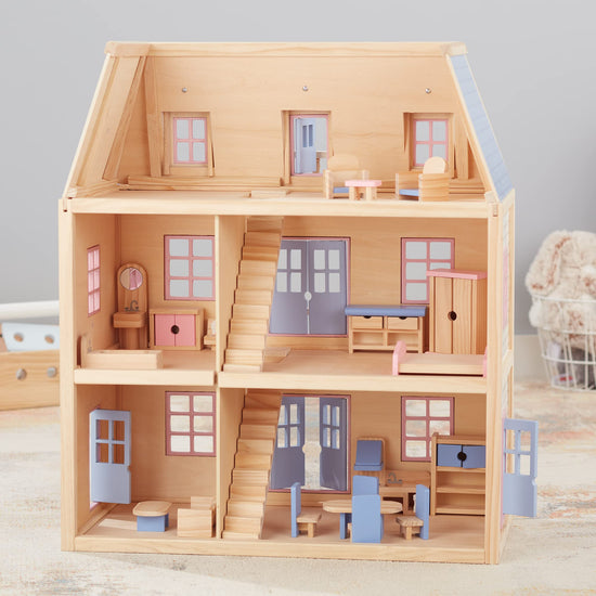 Miniature toy building — Melissa & Doug wooden multi-level dollhouse for kids