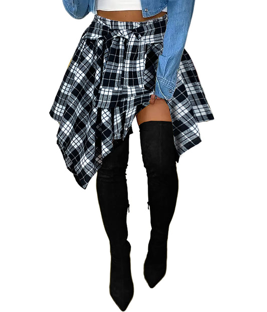 Skirt — High waisted plaid mini with asymmetrical hem and knot front design.