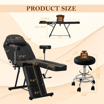 Tattoo Chair for Artist, Esthetician Facial Bed with Adjustable Armrests & Headrest, Split Legs Design Professional Tilting Massage Table with Stool for Eyelashes Spa Tattoo Studio, 440lbs, Black