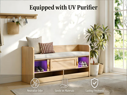 STO'SENSE Premium Entryway Bench with Storage & Invisible UV Shoe Care Modern Oak Mudroom Bench with Hidden Sliding Doors & Pop-Out Drawers Upholstered Seating, 47" (Oak)