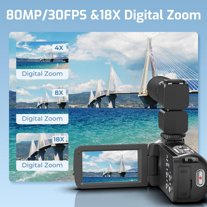 Camcorder Video Camera 4K 80MP Ultra HD Vlogging Camera for YouTube 18X Digital Zoom IR Night Vision 3.0" IPS Screen Video Recorder With Handheld Stabilizer, Microphone, 32G SD Card and Remote Control