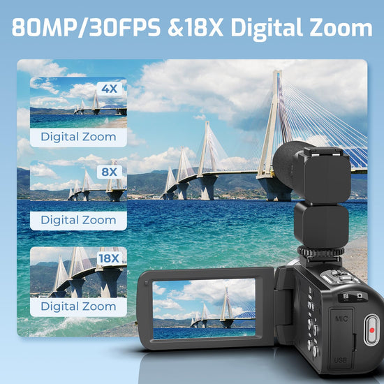 Camcorder Video Camera 4K 80MP Ultra HD Vlogging Camera for YouTube 18X Digital Zoom IR Night Vision 3.0" IPS Screen Video Recorder With Handheld Stabilizer, Microphone, 32G SD Card and Remote Control