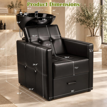 Shampoo Bowl Chair Set for Salon, Black Backwash Station with Drawer