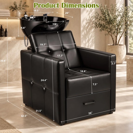Shampoo Bowl Chair Set for Salon, Black Backwash Station with Drawer