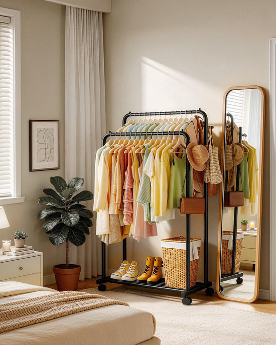 Sakugi clothes rack — Double rods with mesh shelf and wheels for laundry use