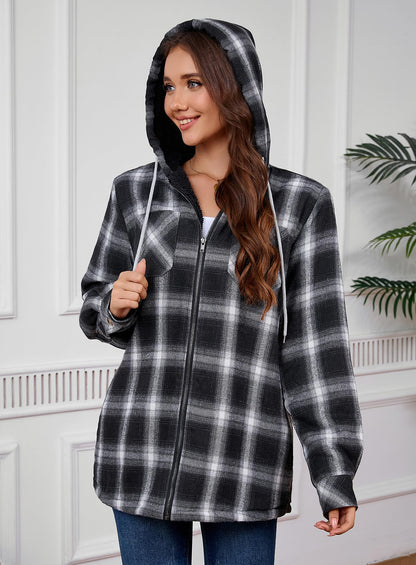 Puhope women's sherpa lined coat — fleece zip up with flannel plaid design
