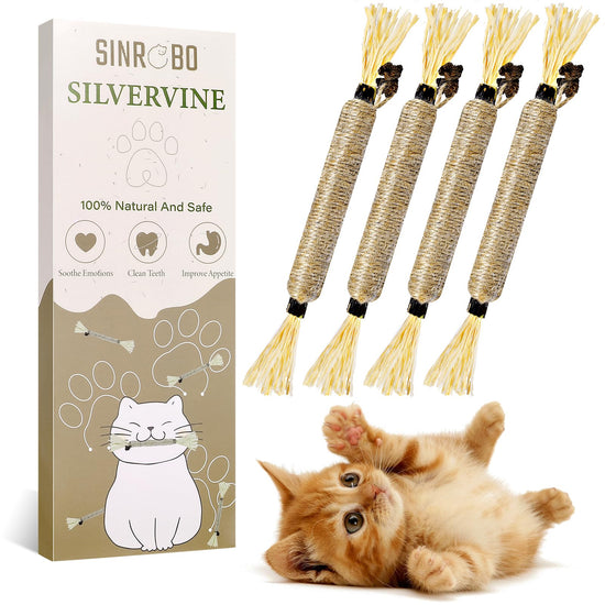 SINROBO 4 Pack Silvervine Sticks for Cats - Cat Chew Toy for Teeth Cleaning, Edible Matatabi Kitty Chew Sticks, Catnip Cat Toys for Indoor Cats (4 Sticks)