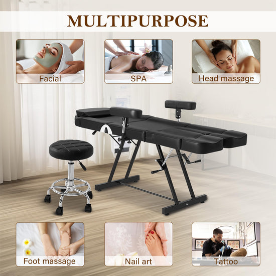 Tattoo Chair for Artist, Esthetician Facial Bed with Adjustable Armrests & Headrest, Split Legs Design Professional Tilting Massage Table with Stool for Eyelashes Spa Tattoo Studio, 440lbs, Black