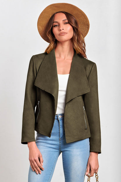 PRETTYGARDEN faux suede cropped coat with open front design