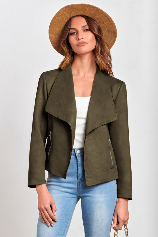 PRETTYGARDEN faux suede cropped coat with open front design