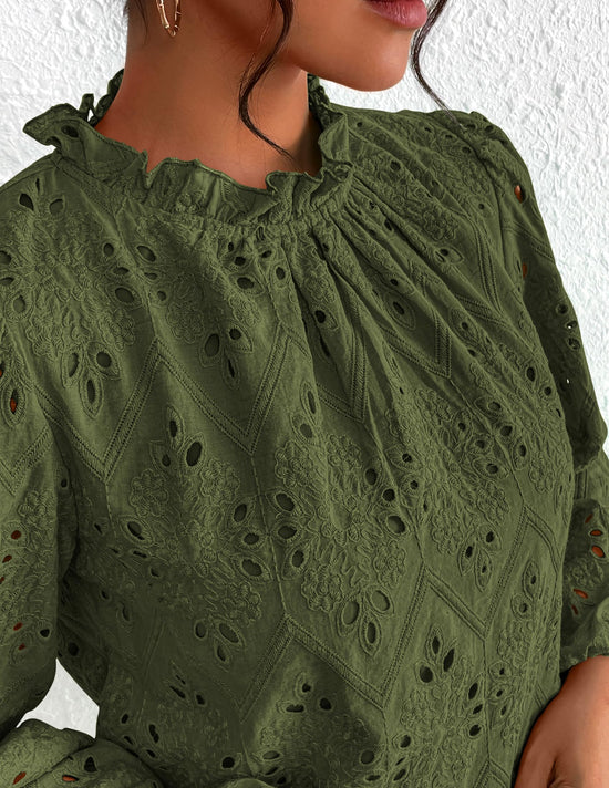 PRETTYGARDEN Tops for Women 2026 Spring Long Sleeve Blouses Dressy Casual Embroidered Eyelet Shirts Fall Going Out Outfits