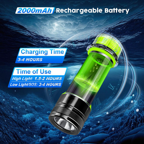 BlueFire rechargeable diving flashlight — 1500 lumen underwater light with 3 modes