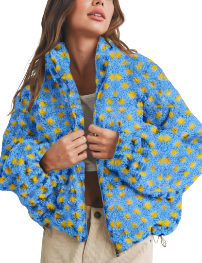 Esmeling cropped sherpa fleece coat with plaid design and long sleeves