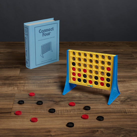 Connect Four vintage bookshelf edition — fabric-wrapped book box display
