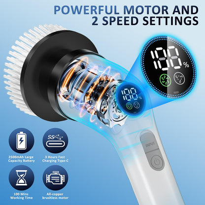 Cleaning brush — Waterproof cordless power scrubber with adjustable handle and 7 heads