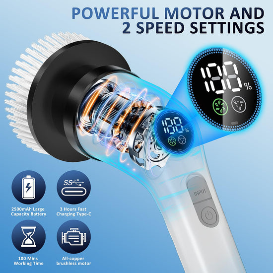 Cleaning brush — Waterproof cordless power scrubber with adjustable handle and 7 heads