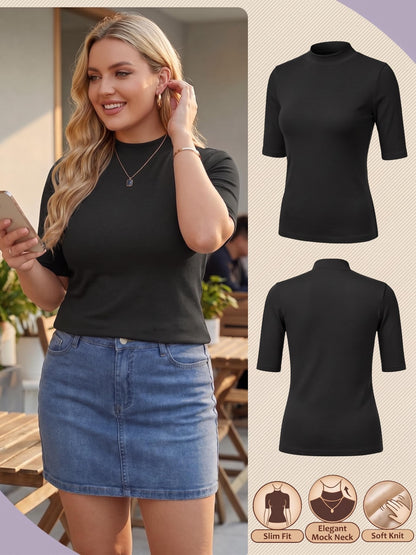 PrinStory shirt - Mock neck short sleeve ribbed knit design for summer outings
