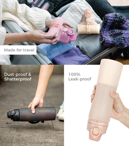 TakeToday collapsible water bottle — foldable silicone design with straw and strap
