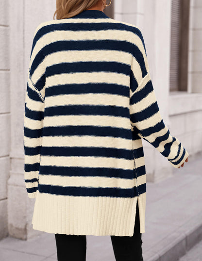 PRETTYGARDEN sweater - Oversized striped cardigan with button down front and long sleeves