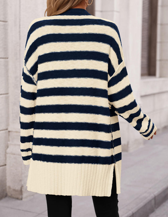 PRETTYGARDEN sweater - Oversized striped cardigan with button down front and long sleeves
