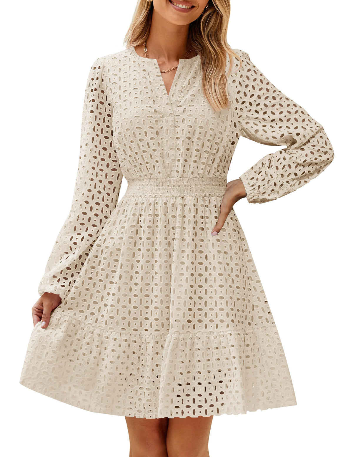 ZESICA women's long sleeve mini dress with eyelet embroidery and ruffle details