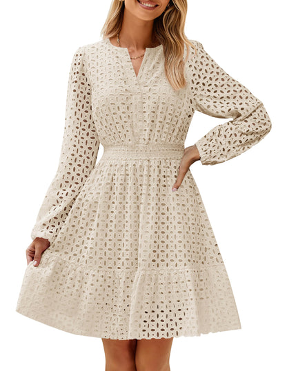 ZESICA women's long sleeve mini dress with eyelet embroidery and ruffle details
