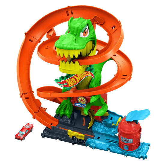 Hot Wheels toy vehicle set — City T-Rex blaze battle with spinning dinosaur eyes
