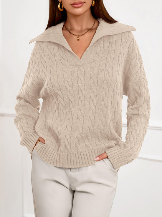 Sweater — Spring cable knit oversized polo v neck long sleeve pullover by PRETTYGARDEN