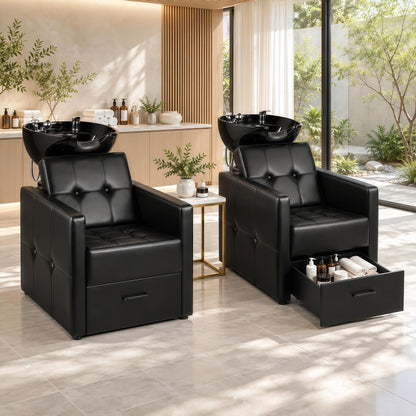 Shampoo Bowl Chair Set for Salon, Black Backwash Station with Drawer