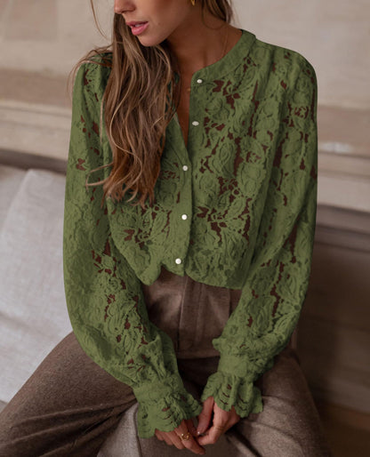 PRETTYGARDEN shirt — lace long sleeve button up blouse for women in spring and fall fashion